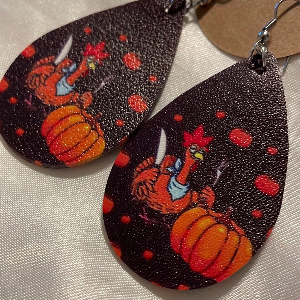 Boho Tom Turkey Earrings! Front/Back Vegan Leather Very Hippie Shabby Chic!